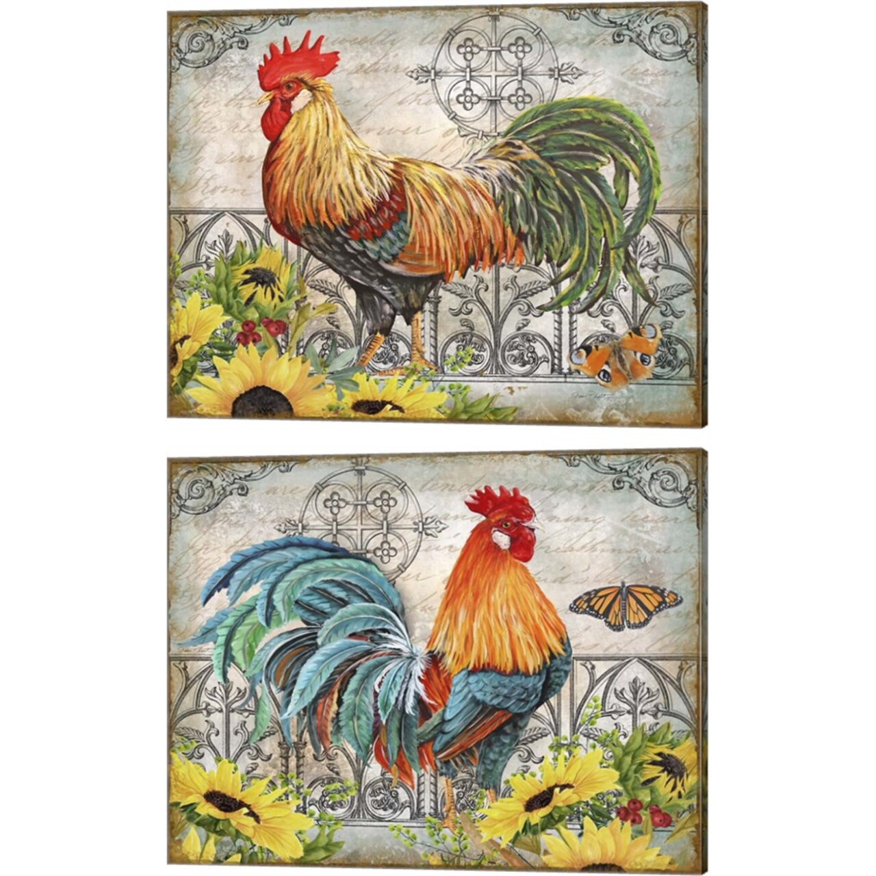 Ironwork Rooster 2 by Jean Plout 15" x 12" Canvas Wall Art (Set of 2)
